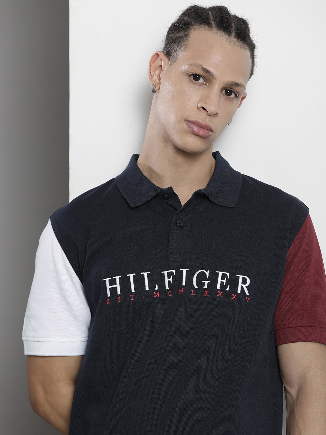 

Tommy Hilfiger Men Pure Cotton Brand Logo Printed Polo Collar T-shirt, Navy blue