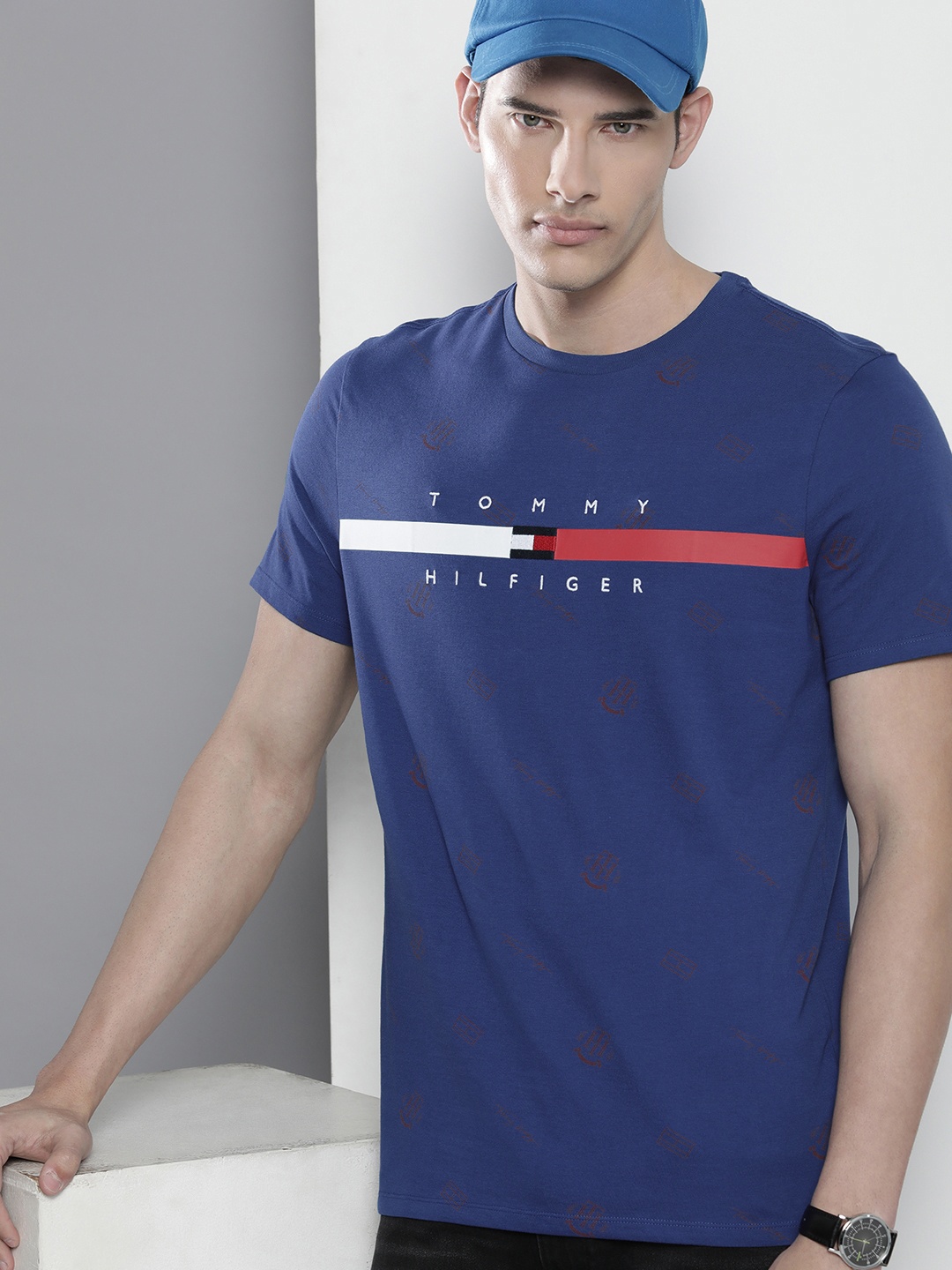 

Tommy Hilfiger Men Brand Logo Printed Pure Cotton T-shirt, Blue