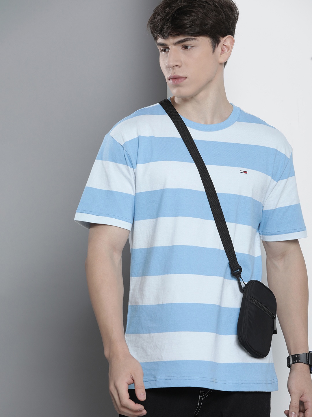 

Tommy Hilfiger Striped Drop-Shoulder Sleeves Pure Cotton T-shirt, Blue