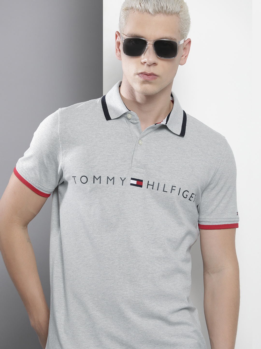 

Tommy Hilfiger Men Brand Logo Printed Polo Collar T-shirt, Grey