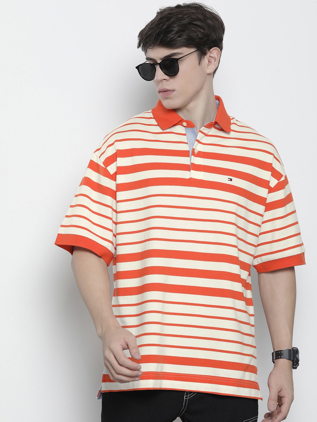 

Tommy Hilfiger Men Striped Polo Collar Pure Cotton T-shirt, Orange