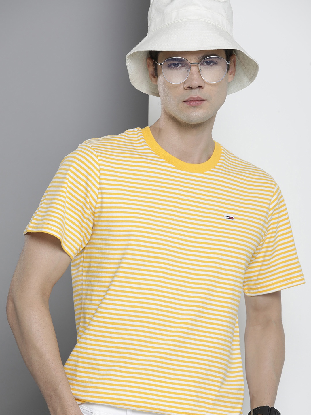 

Tommy Hilfiger Men Striped Pure Cotton Round Neck T-shirt, Yellow