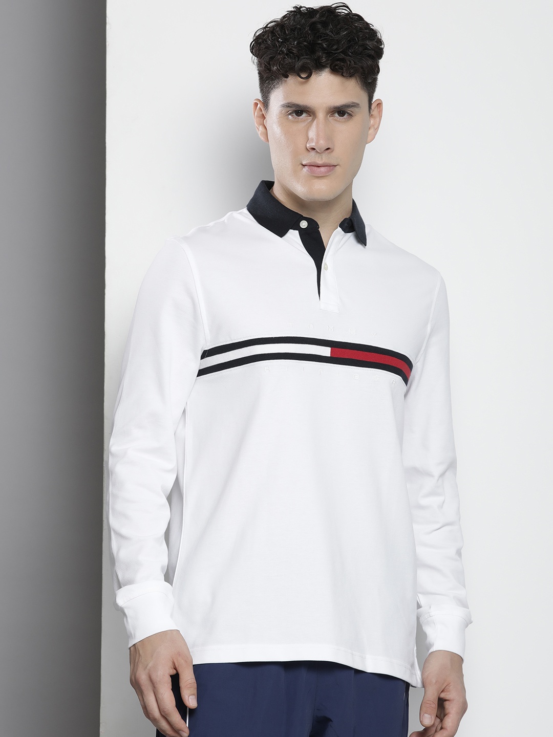 

Tommy Hilfiger Men Striped Polo Collar T-shirt With Contrast Color Collar, White