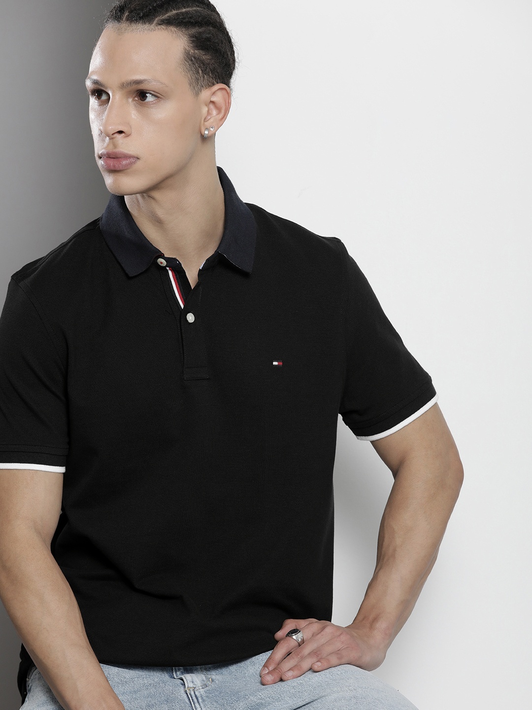 

Tommy Hilfiger Men Pure Cotton Polo Collar T-shirt, Black