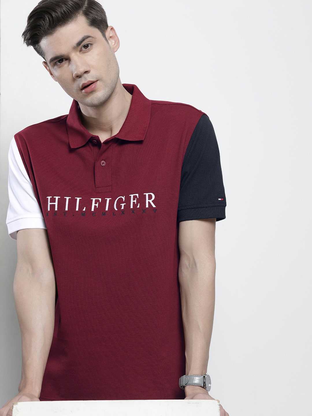 

Tommy Hilfiger Men Embroidered Brand Logo Polo Collar Pure Cotton T-shirt, Maroon