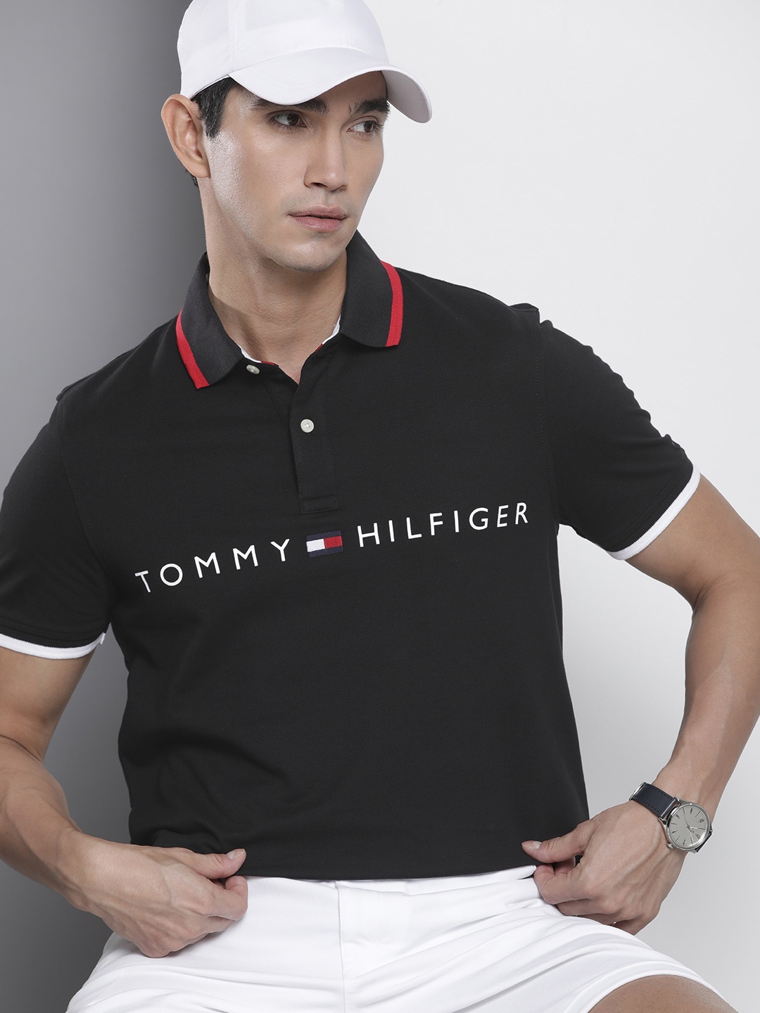 

Tommy Hilfiger Typography Printed Polo Collar Pure Cotton T-shirt, Black