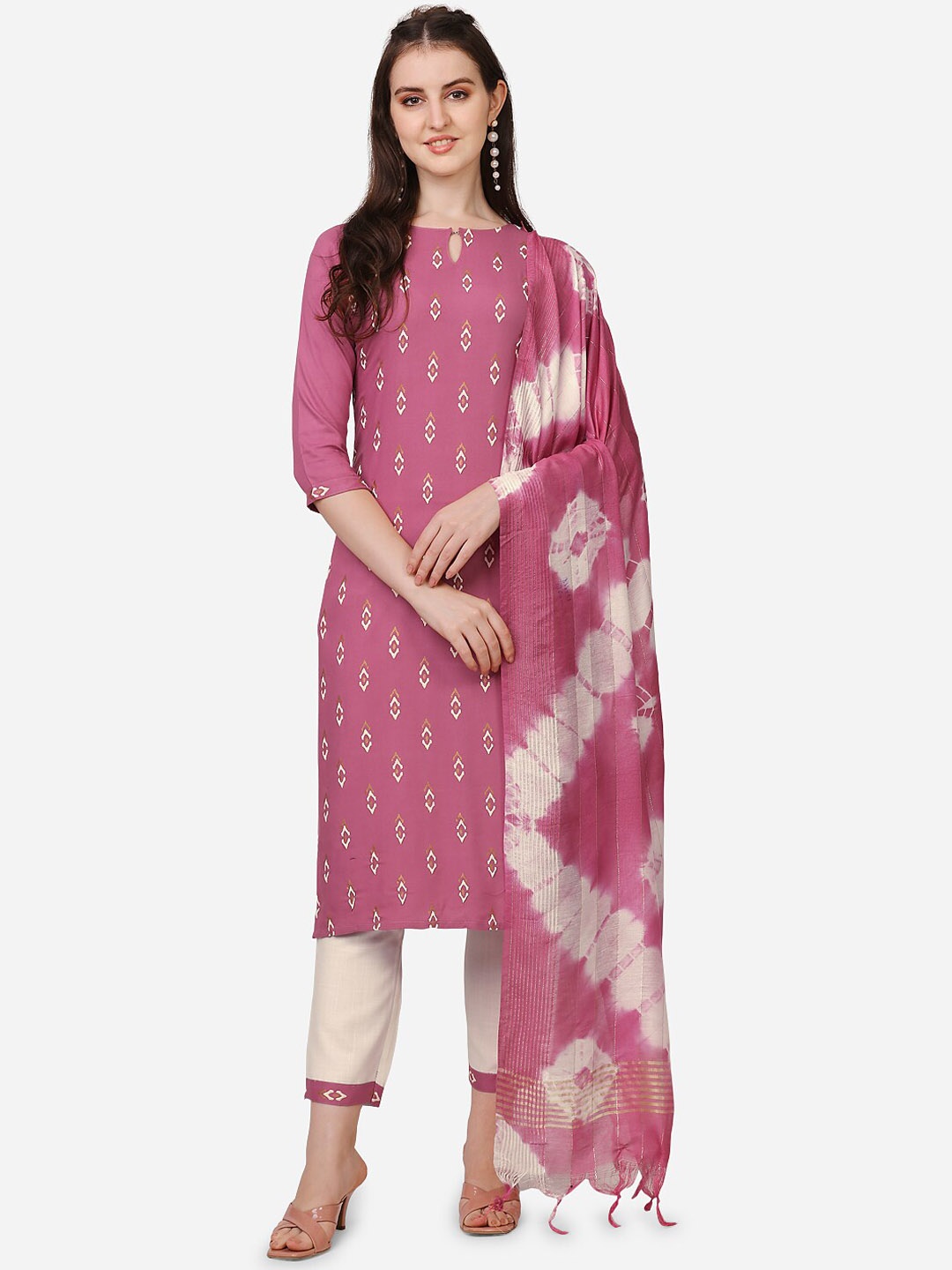 

Happy Design Women Ethnic Motifs Printed Kurta with Trousers & With Dupatta, Pink