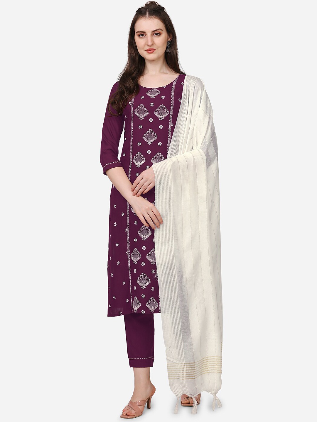 

Happy Design Women Ethnic Motifs Printed Kurta with Trousers & With Dupatta, Purple