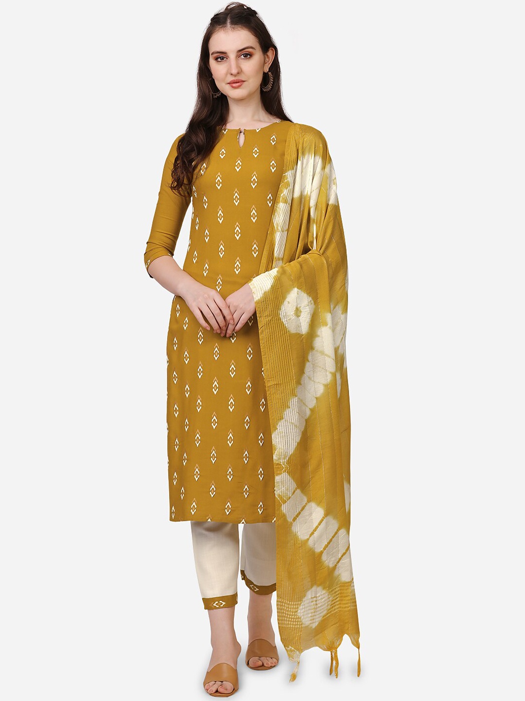 

Happy Design Women Ethnic Motifs Printed Kurta with Trousers & With Dupatta, Yellow