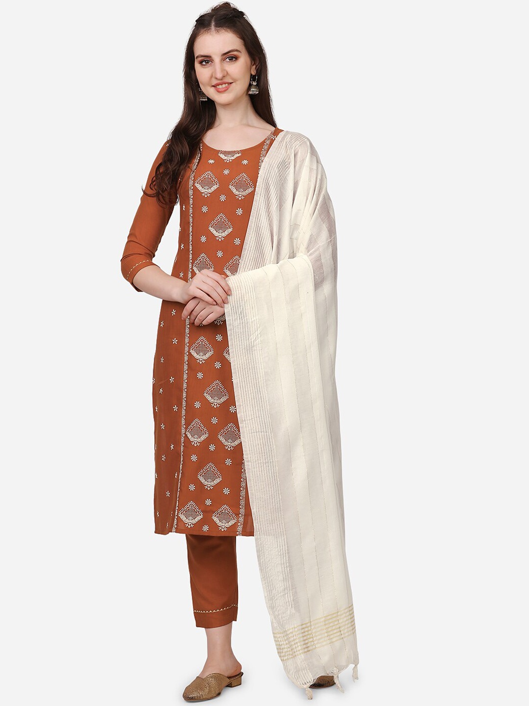 

Happy Design Ethnic Motifs Printed Kurti with Trousers & With Dupatta, Brown