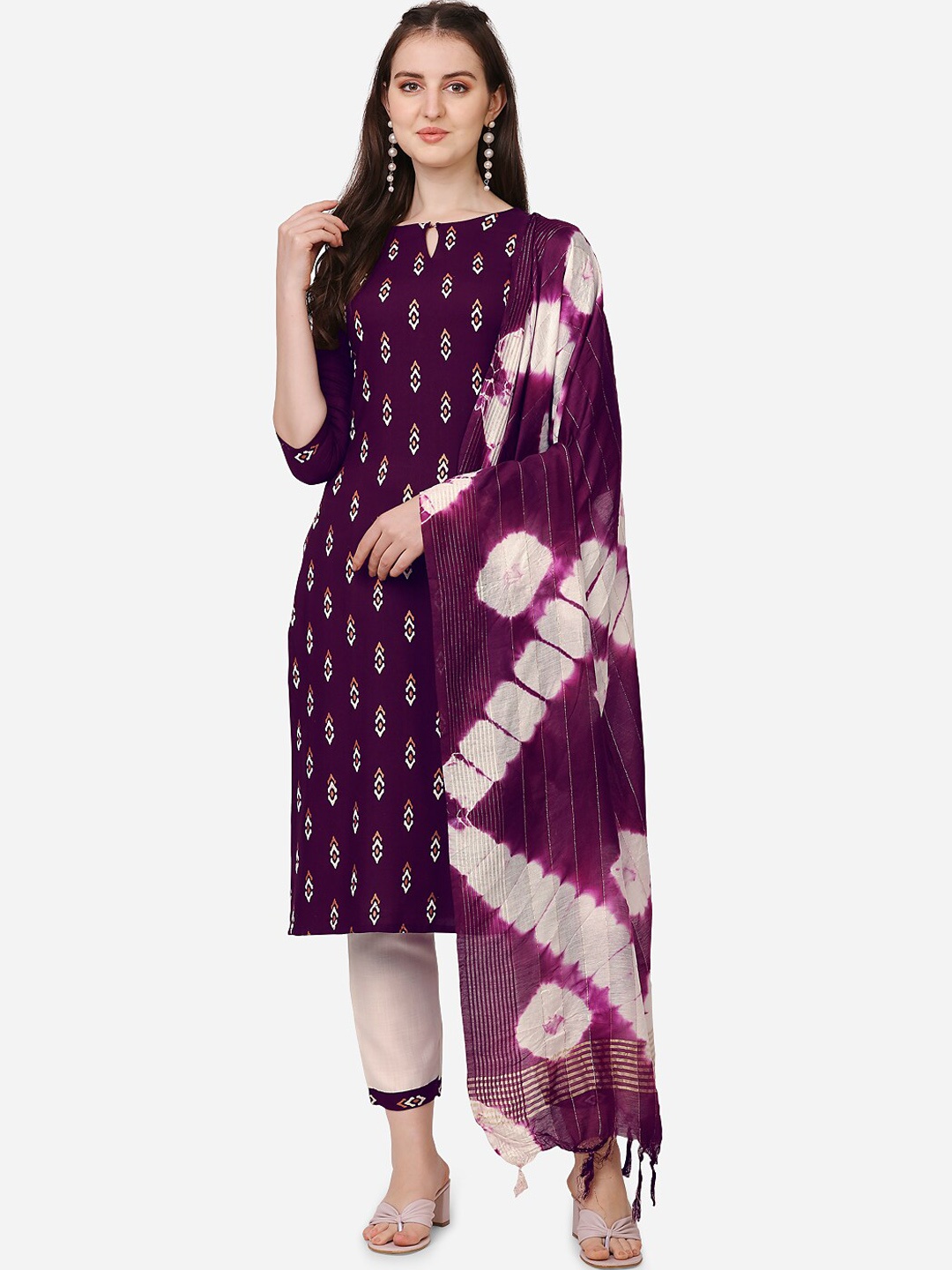 

Happy Design Ethnic Motifs Printed Kurta with Trousers & With Dupatta, Purple