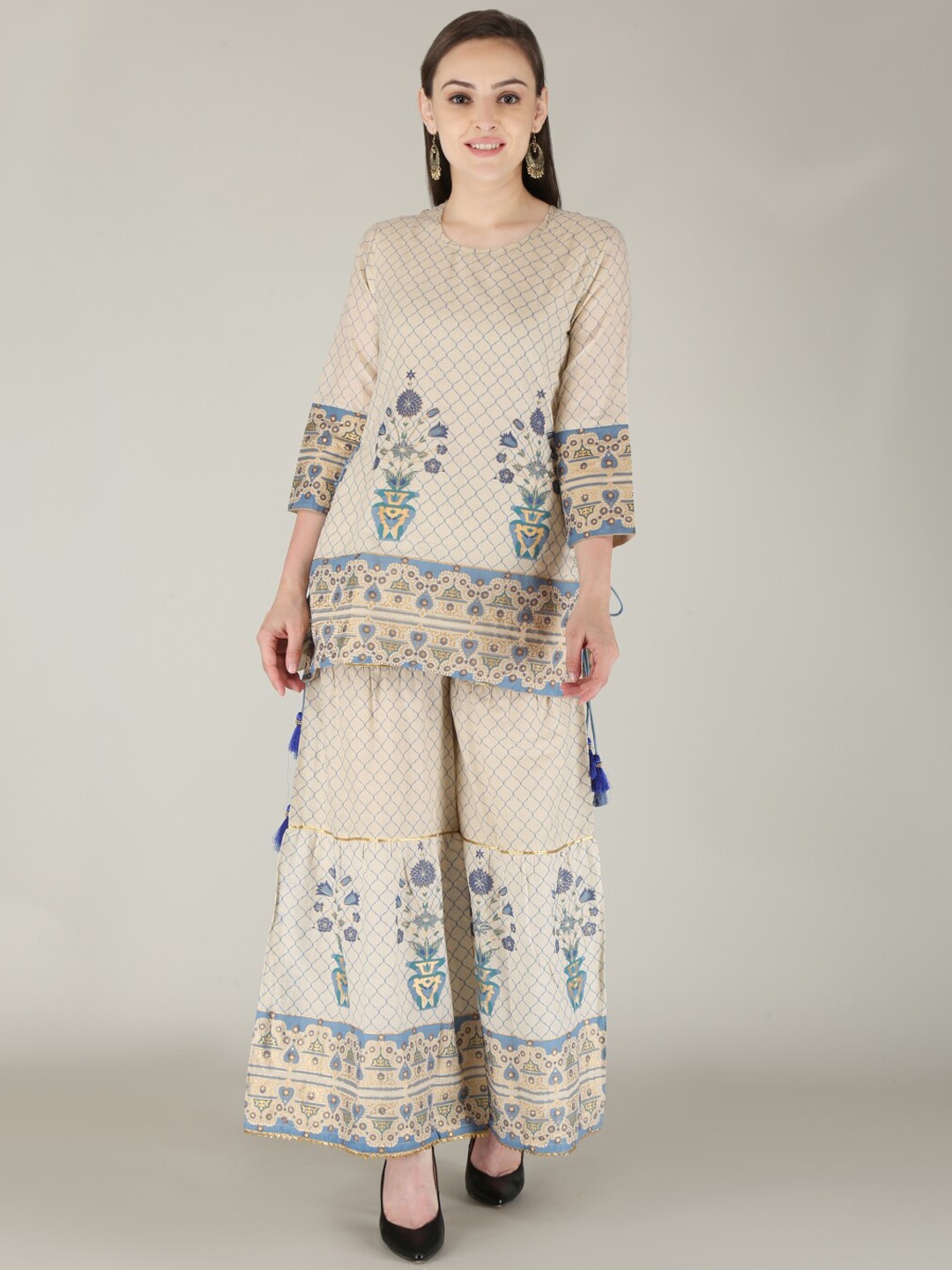 

HERE&NOW Women Floral Printed Pure Cotton Kurti with Sharara, Blue