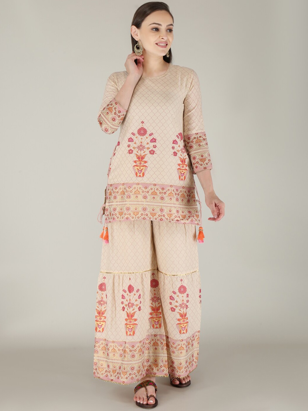 

HERE&NOW Women Floral Printed Pure Cotton Kurti with Sharara, Beige