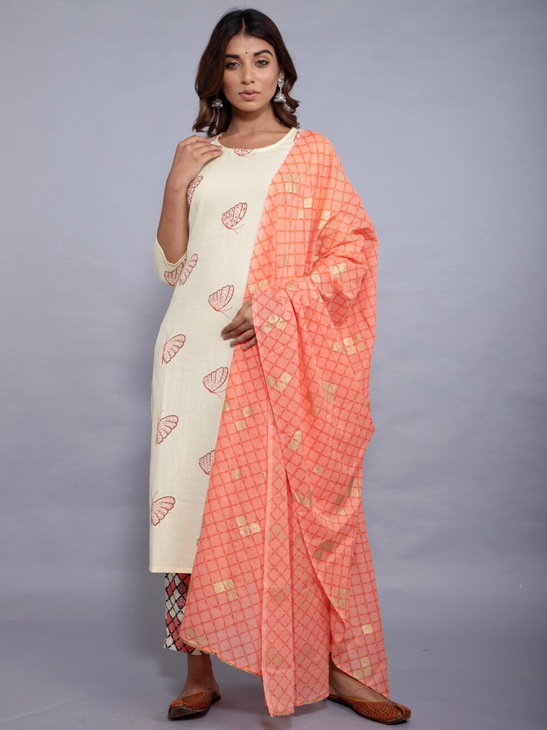 

HERE&NOW Women Ethnic Motifs Printed Kurta with Trousers & With Dupatta, Off white