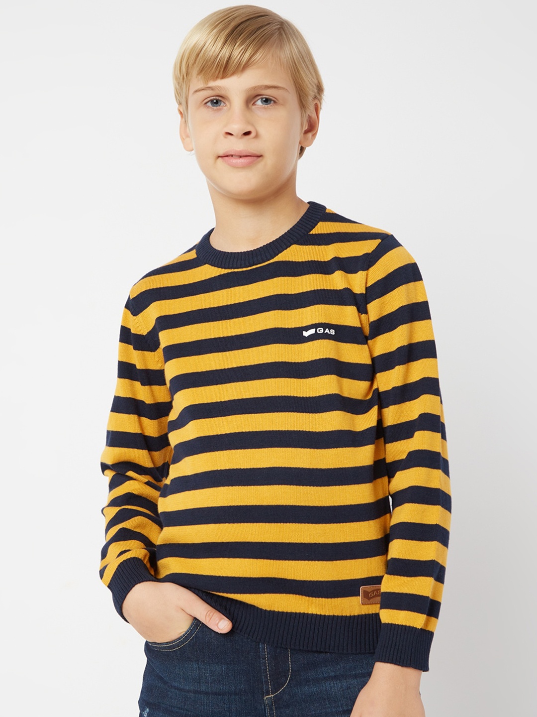 

GAS Boys Striped Cotton Pullover Sweater, Mustard