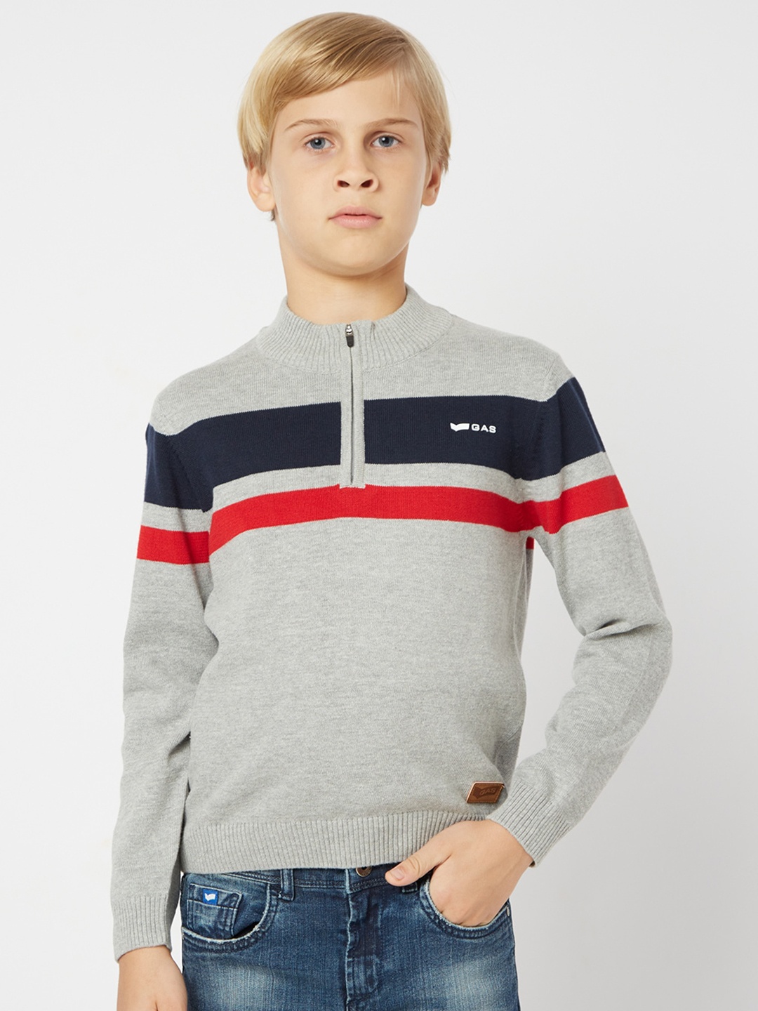 

GAS Boys Striped Cotton Pullover Sweater, Grey