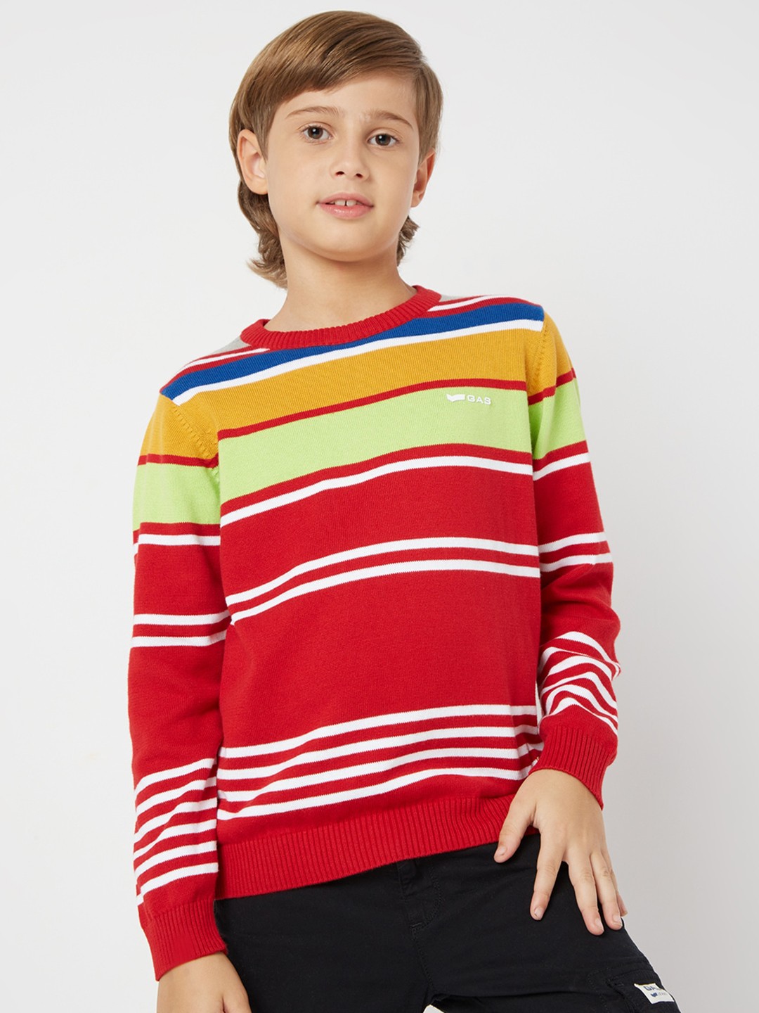

GAS Boys Striped Cotton Pullover Sweater, Red