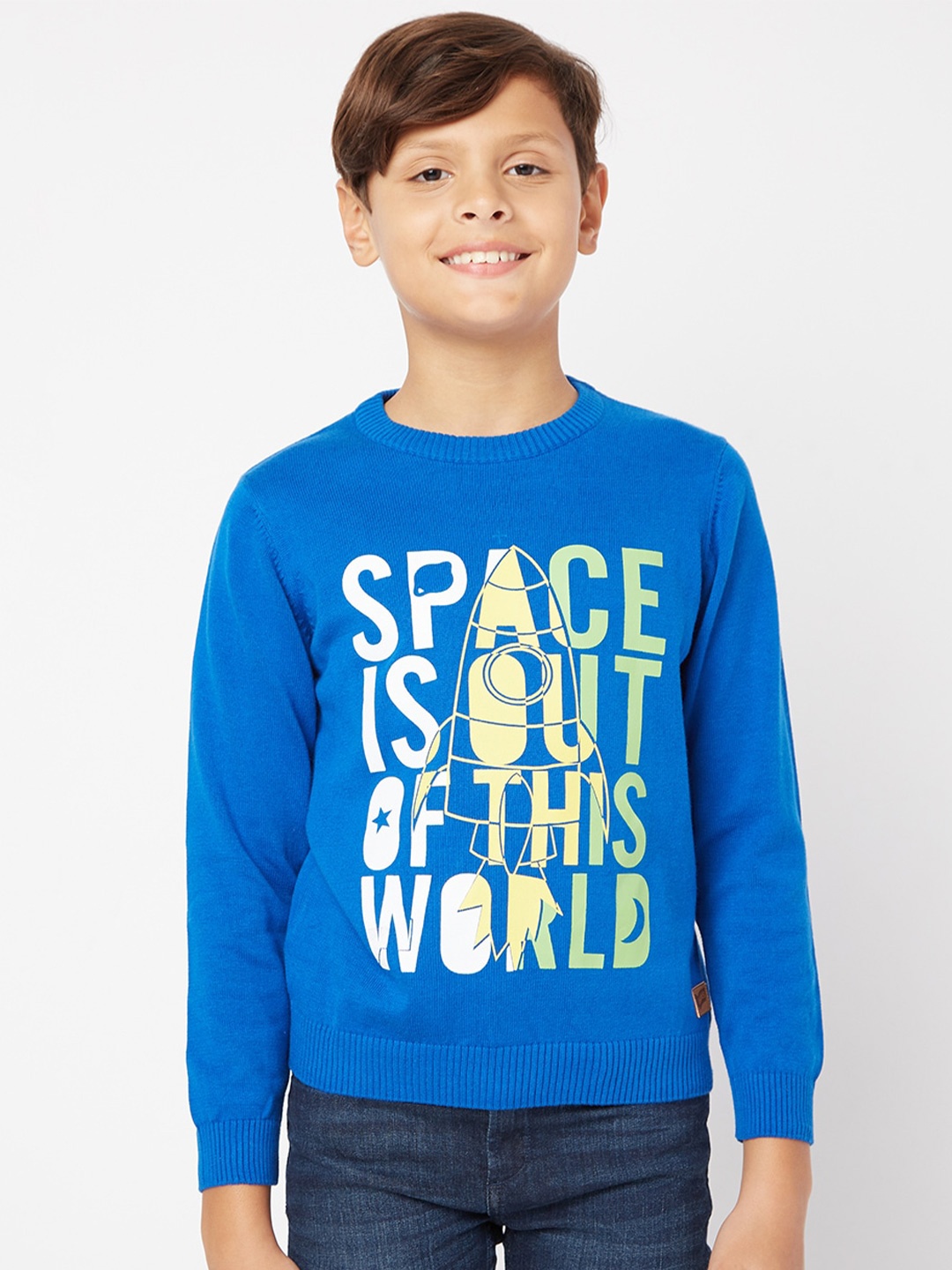 GAS Boys Typography Printed Cotton Pullover Sweater, Blue