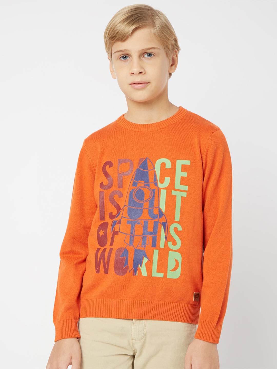 GAS Boys Typography Printed Cotton Pullover Sweater, Orange