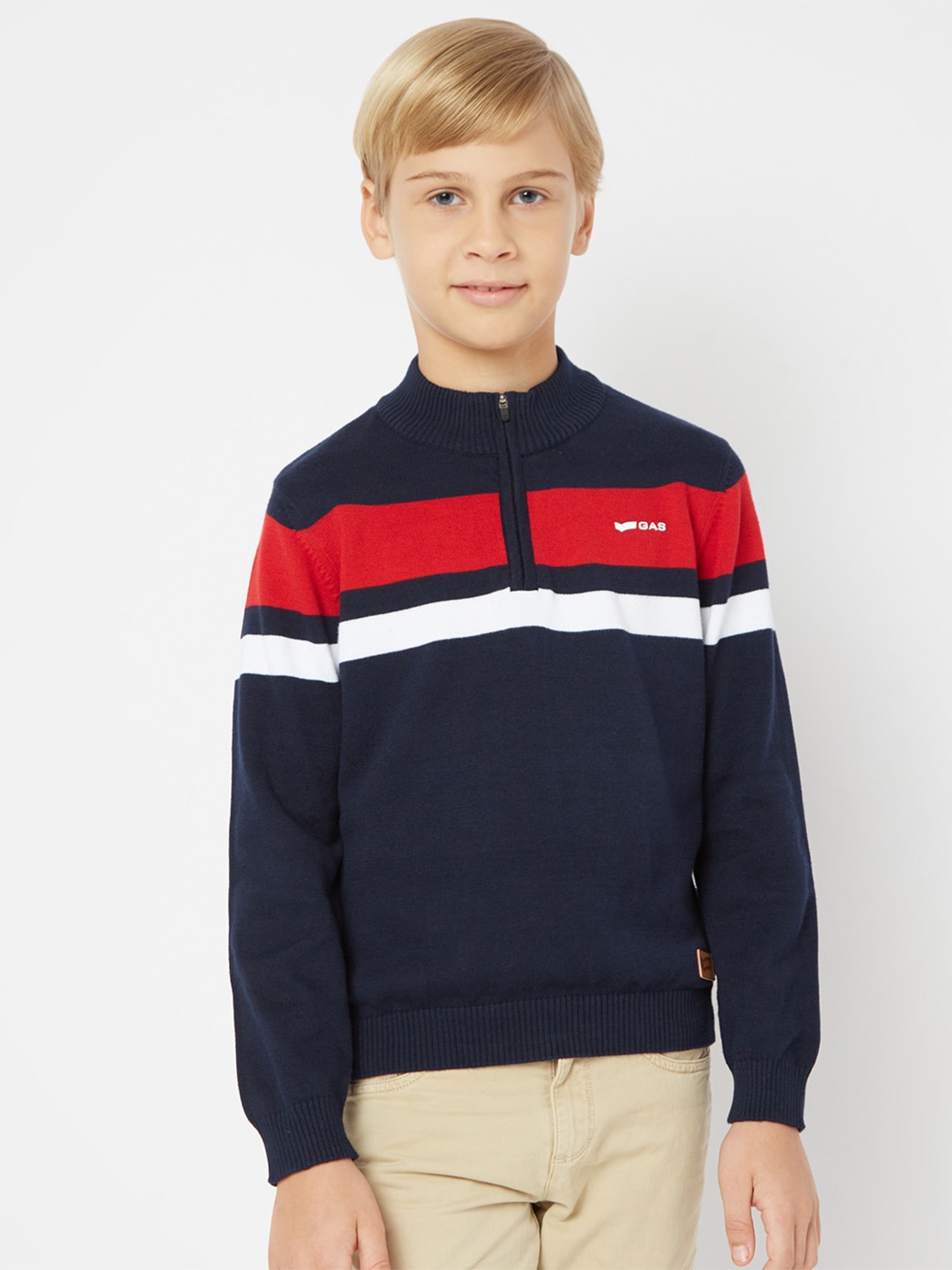 

GAS Boys Striped Half Zipper Cotton Pullover Sweater, Navy blue