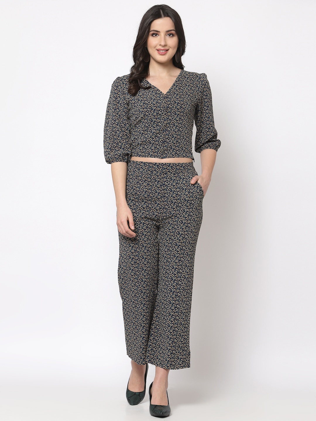 

Mafadeny Women Printed V-Neck Top with Palazzo, Navy blue