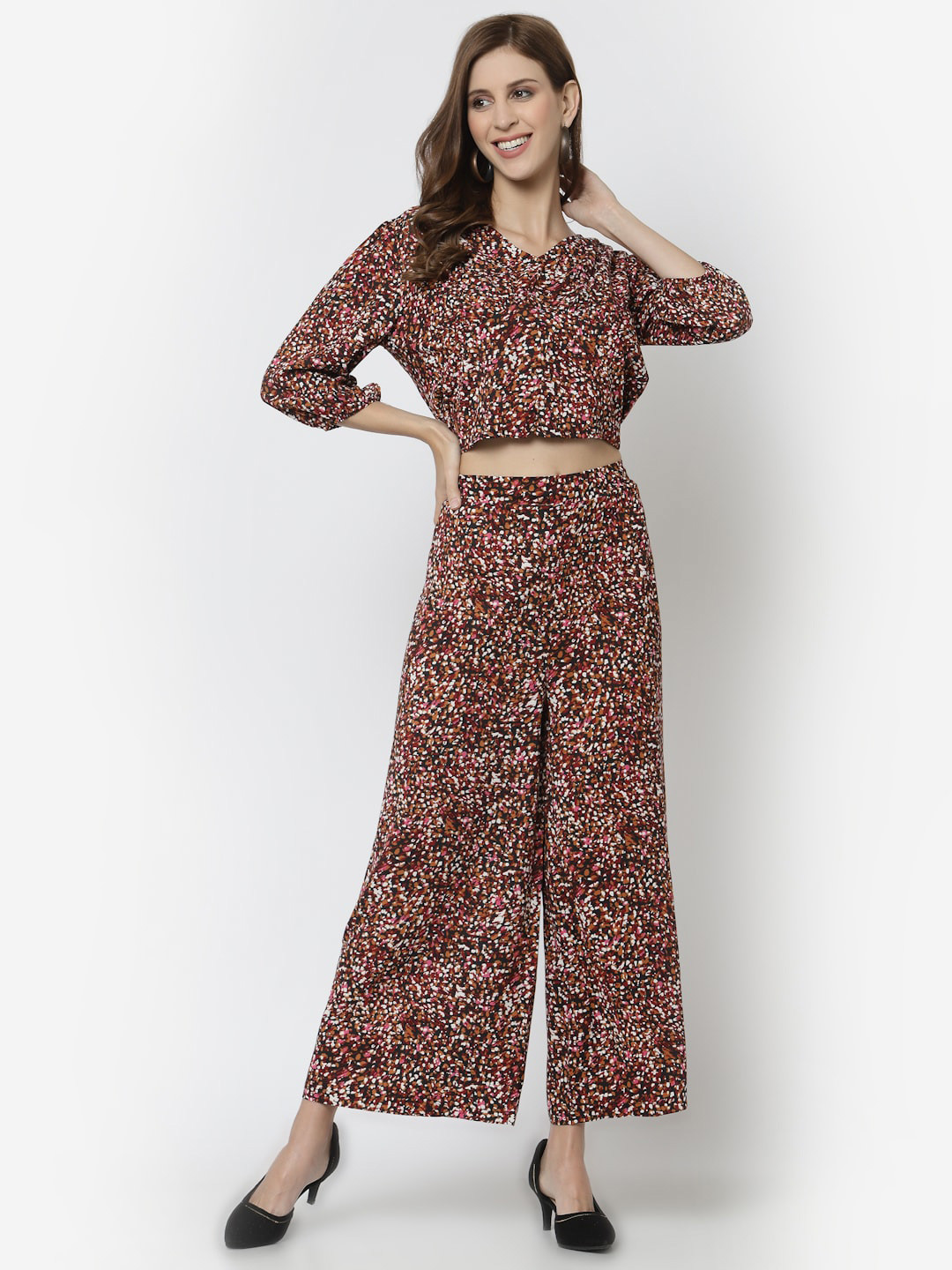 

Mafadeny Women Printed V-Neck Top with Palazzo, Brown