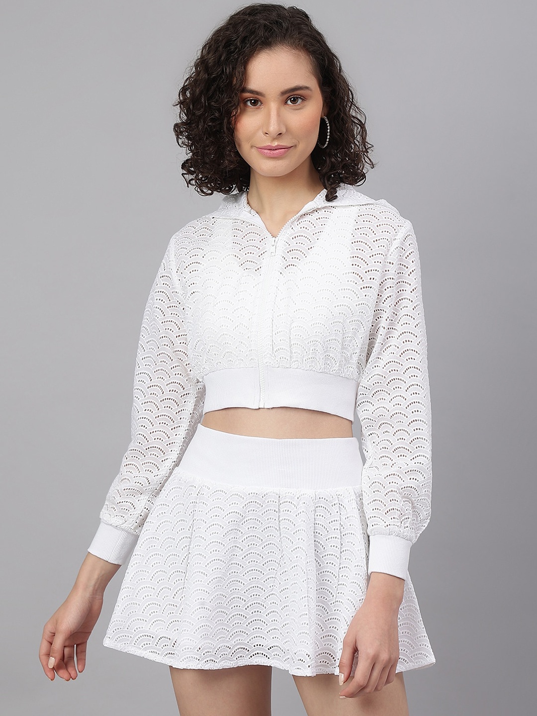 

I Love She Women Cut-Work Crop Cotton Tailored Jacket, White