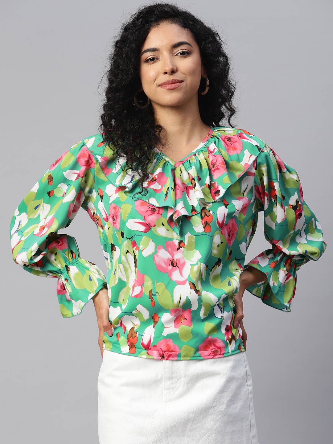 

plusS Floral Print Bell Sleeves Ruffles Top, Green