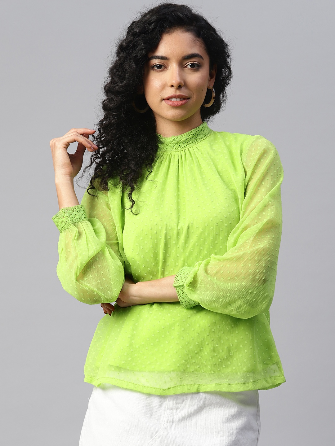 

plusS High Neck Puff Sleeves Georgette Top With Lace Inserts, Fluorescent green