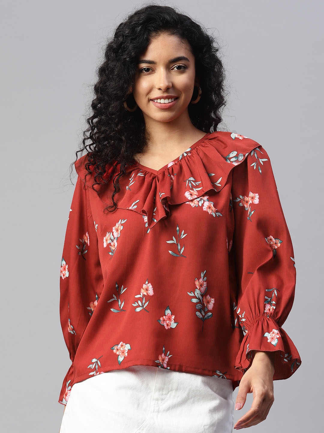 

plusS Floral Print Bell Sleeves Ruffles Top, Rust