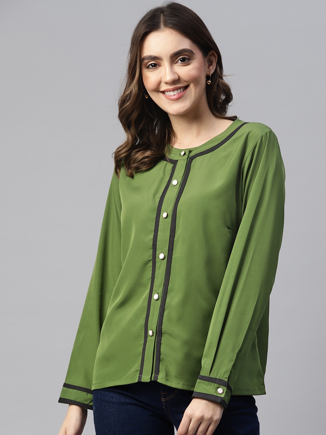 

plusS Women Striped Casual Shirt, Olive