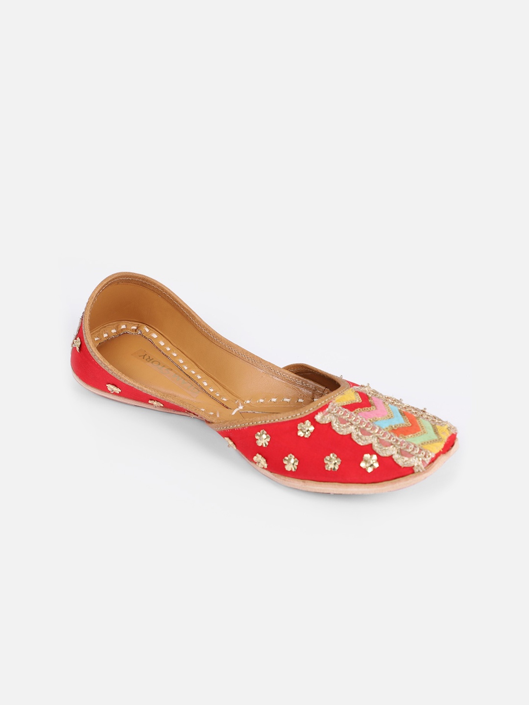 

GLAM STORY Women Embellished Leather Ethnic Mojaris, Red