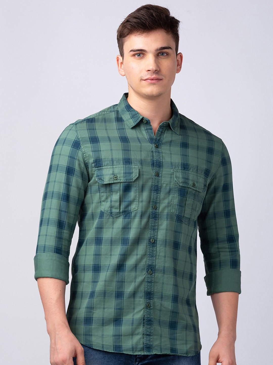 

SPYKAR Men Classic Slim Fit Checked Casual Cotton Shirt, Green