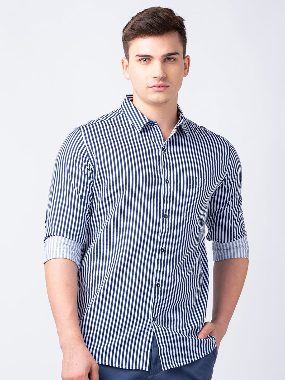 

SPYKAR Men Cotton Classic Striped Casual Shirt, Blue