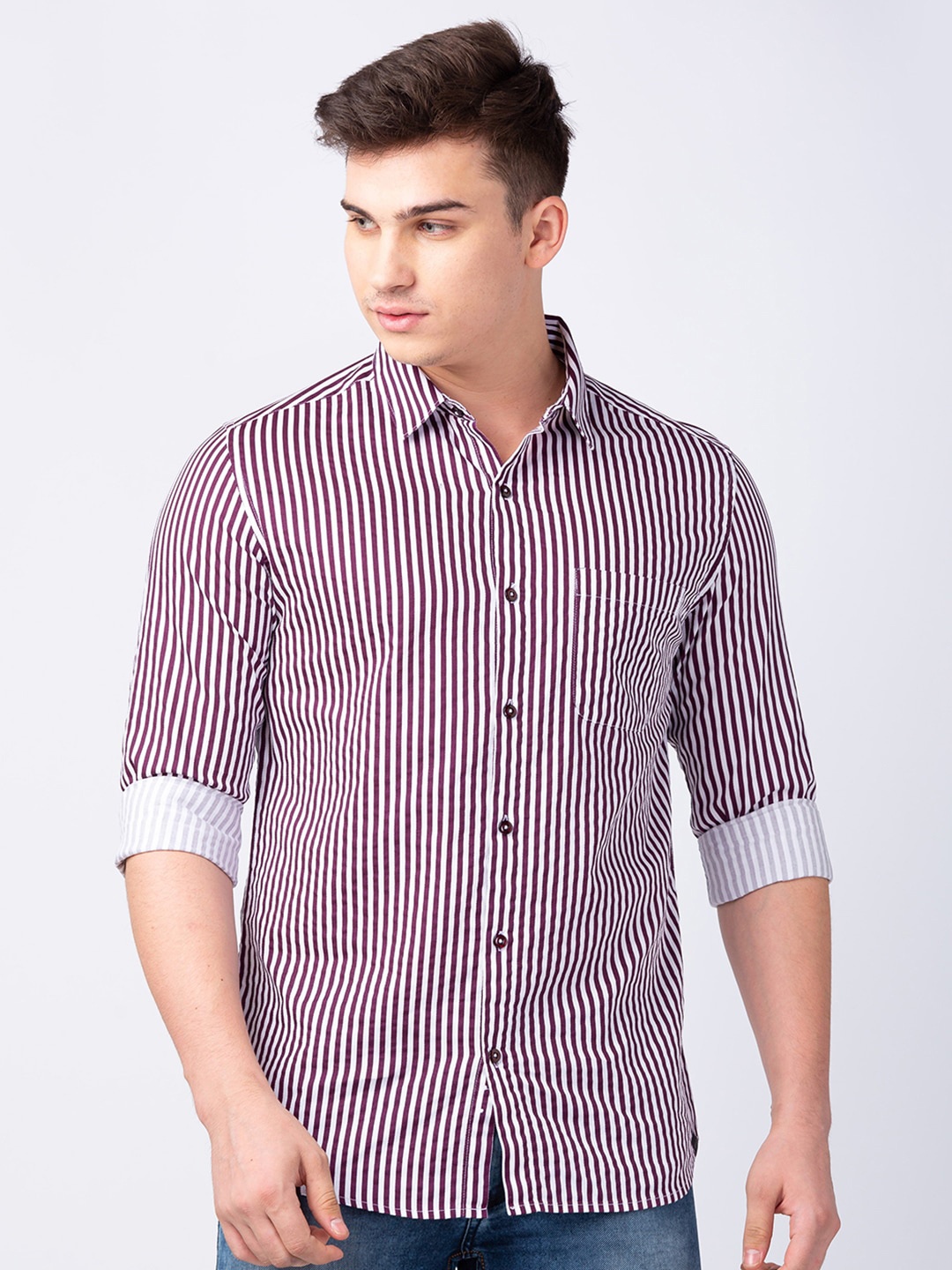 

SPYKAR Men Classic Striped Cotton Casual Shirt, Red