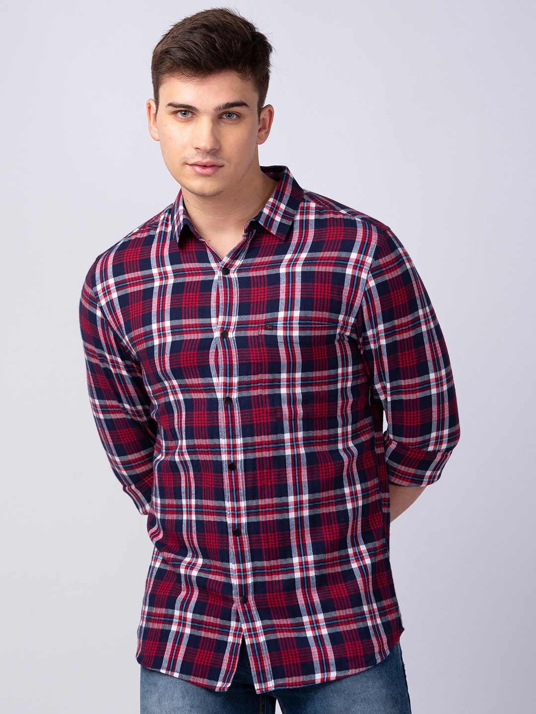 

SPYKAR Men Classic Tartan Checks Checked Cotton Casual Shirt, Red