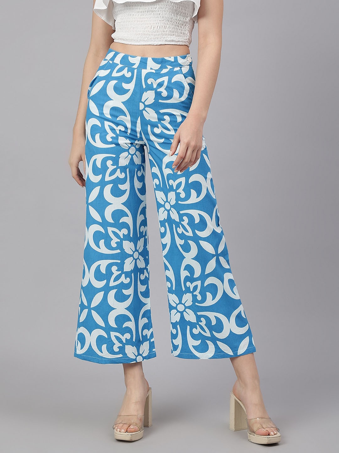 

I Love She Women Printed Relaxed High-Rise Cotton Parallel Trousers, Blue