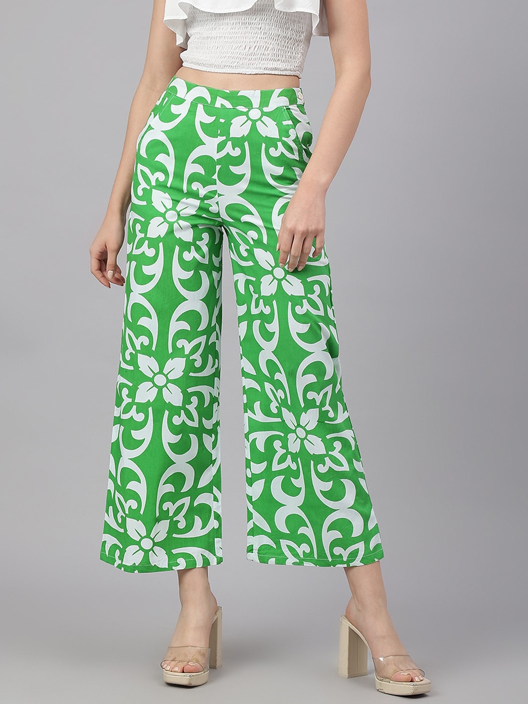 

I Love She Women Floral Printed Relaxed High-Rise Cotton Parallel Trousers, Green