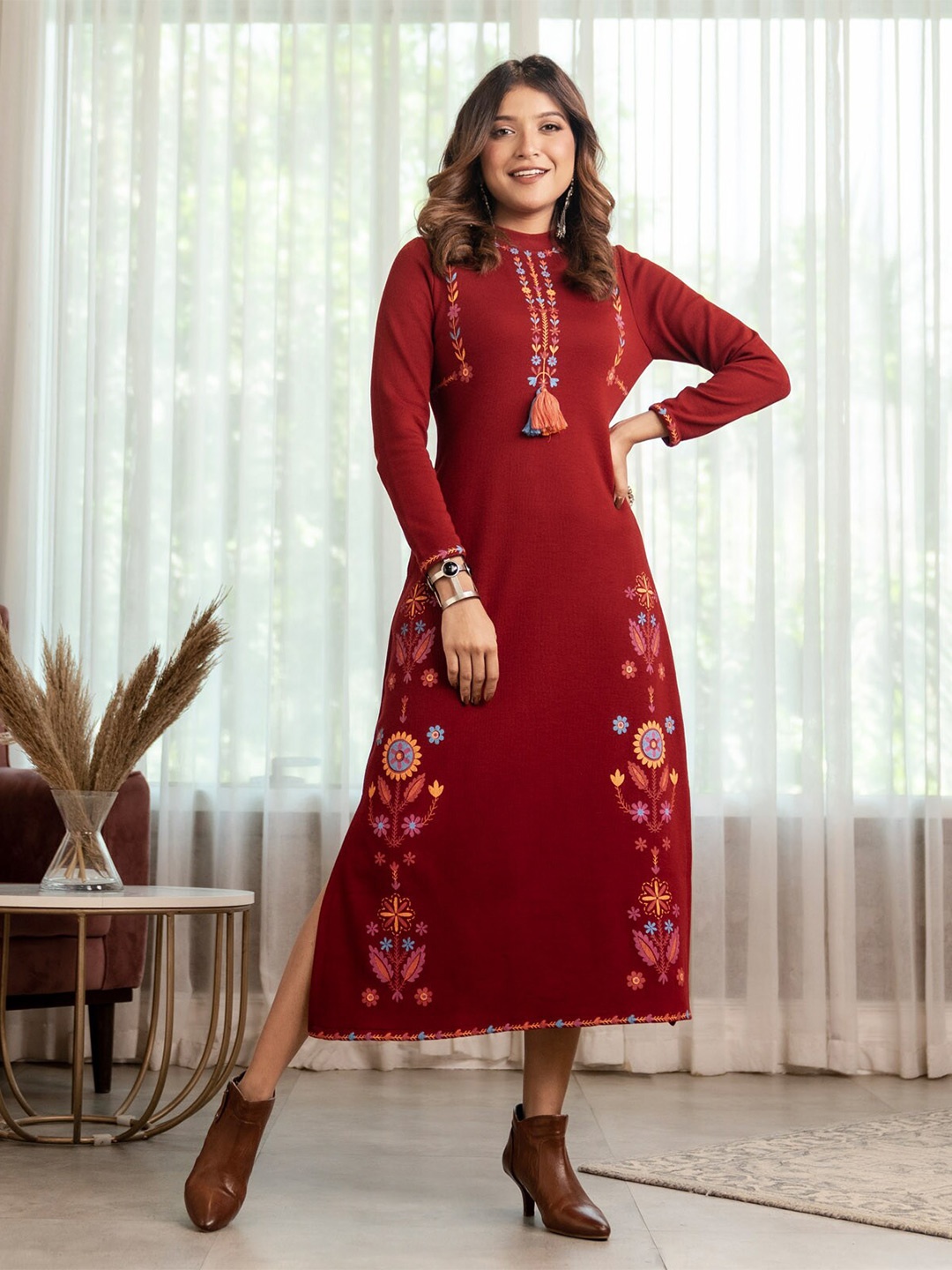 

Rustorange Floral Embroidered A-Line Midi Acrylic Dress, Maroon