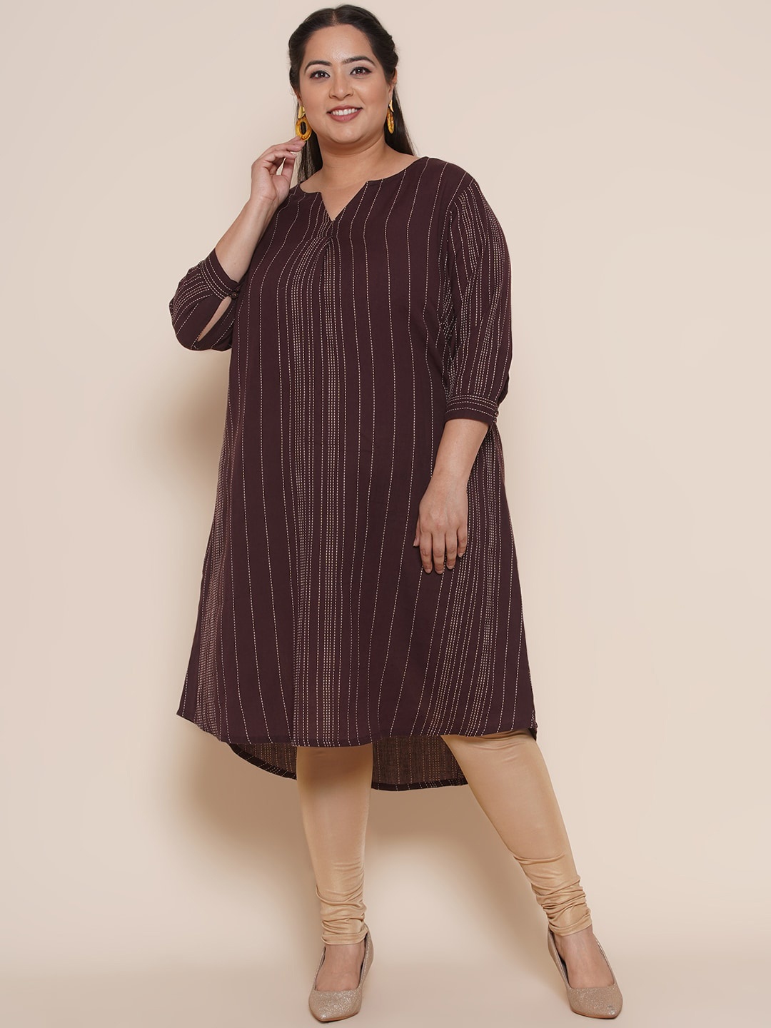 

Kiaahvi by JOHN PRIDE Plus Size Striped Pure Cotton A-Line Kurta, Coffee brown