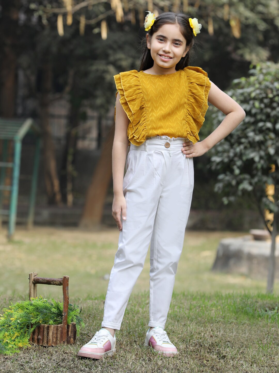 

Cutiekins Girls Self Design Sleeveless Top With Trousers, Mustard