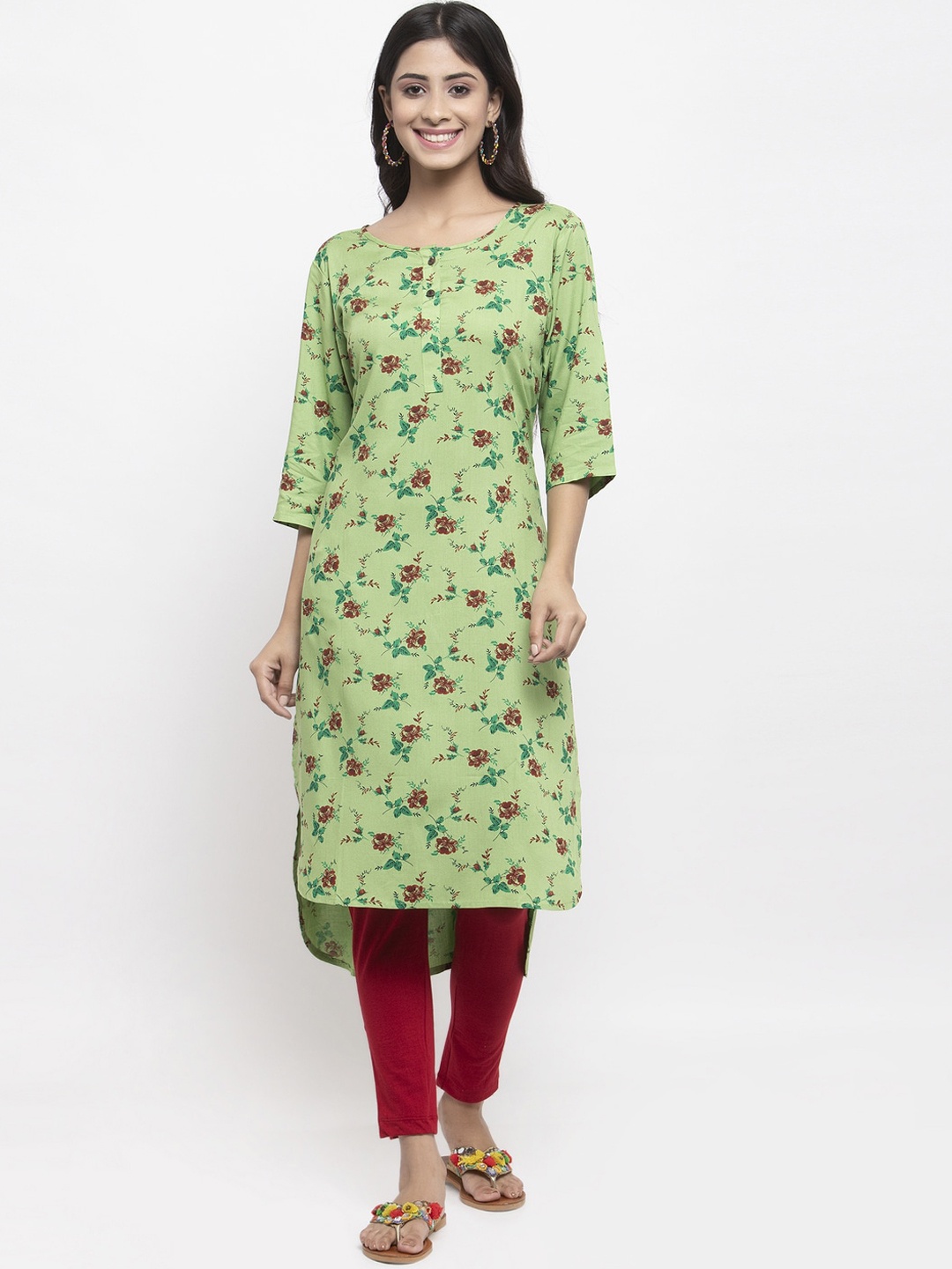 

NEUDIS Women Floral Printed Keyhole Neck Cotton Kurta, Green