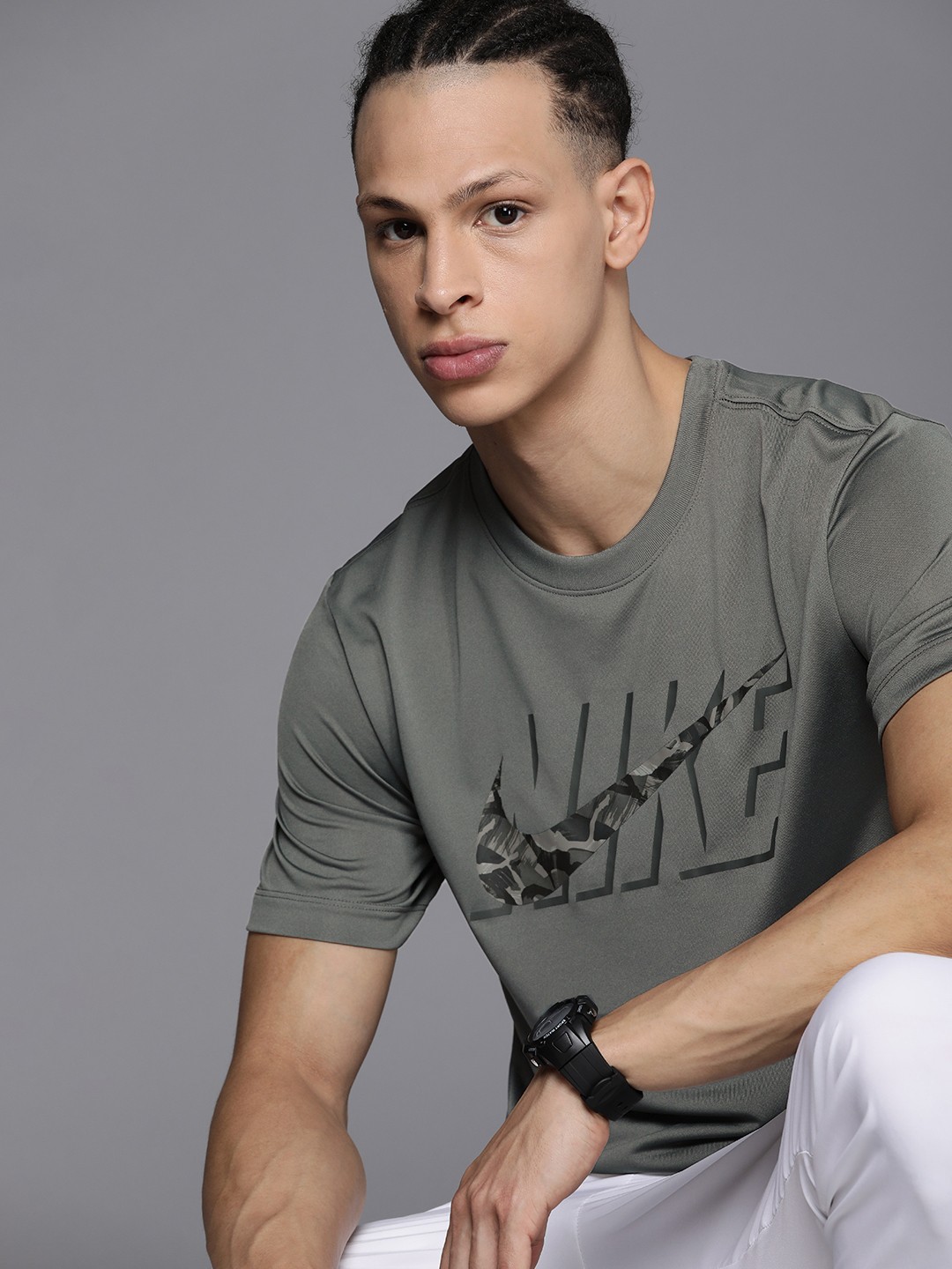 

Nike Brand Logo Printed Dri-FIT RLGD CAMO T-shirt, Grey
