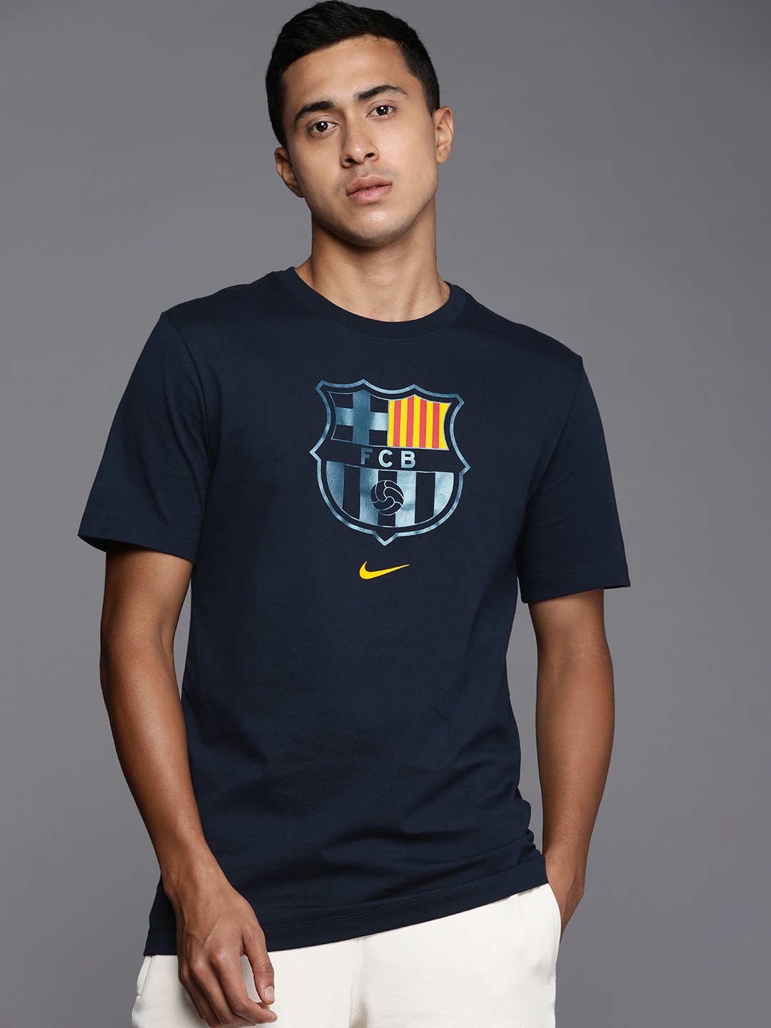 

Nike Men Blue Brand Logo FC Barcelona Printed Pure Cotton FCB CREST T-shirt