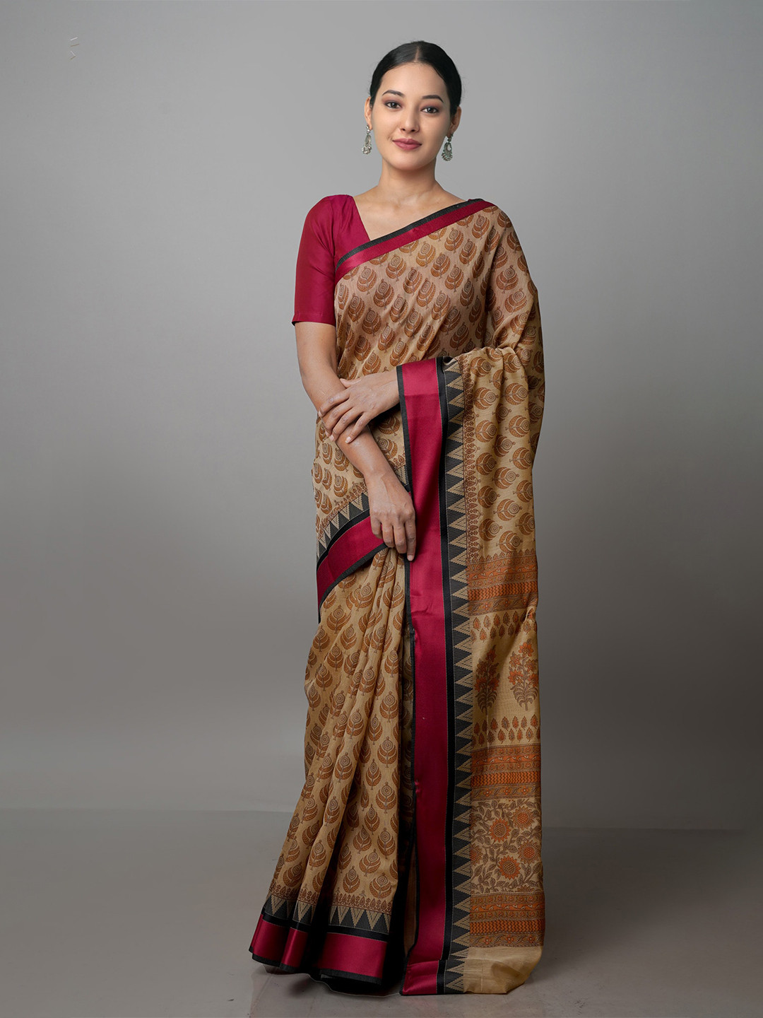 

Unnati Silks Ethnic Motifs Silk Cotton Chanderi Saree, Brown