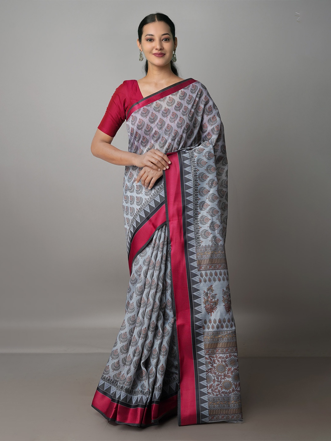 

Unnati Silks Ethnic Motifs Silk Cotton Chanderi Saree, Grey