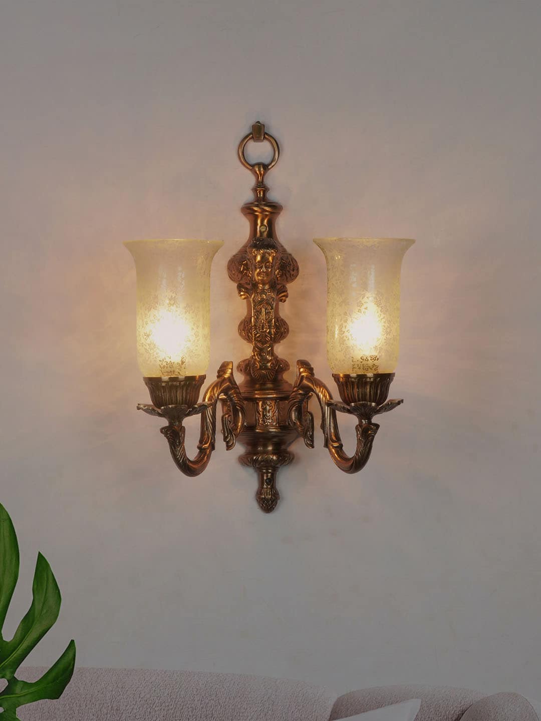 

Fos Lighting Antique Copper-Toned & Off White Textured Wall Lamp With Etched Glass Shades