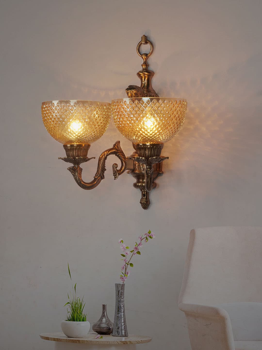 

Fos Lighting Antique Copper-Toned & Gold-Toned 2-Light Wall Lamp With Bowl Glass Shades