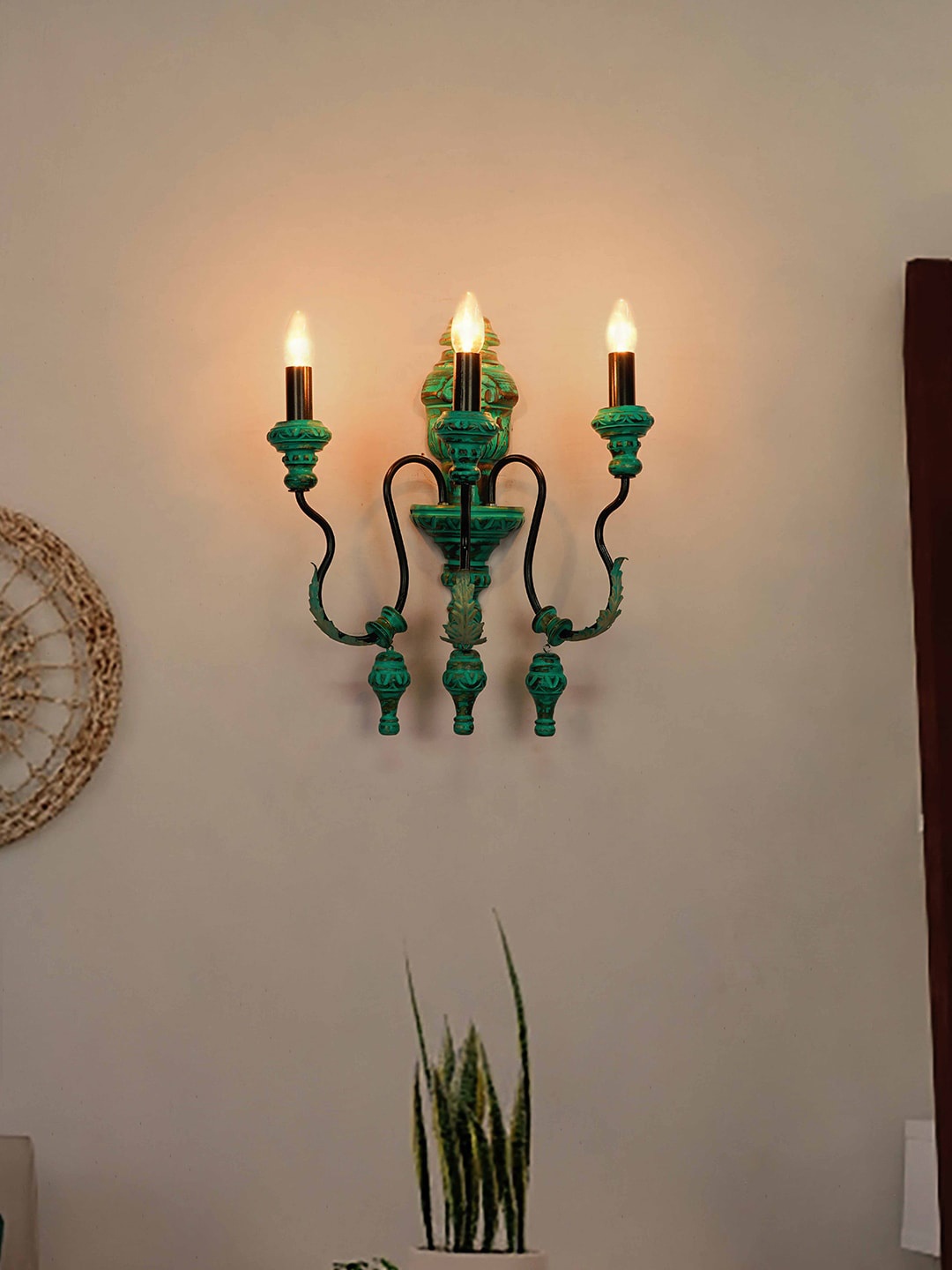 

Fos Lighting Green Distressed Wooden 3-Light Wooden Candelabra Wall Lamp