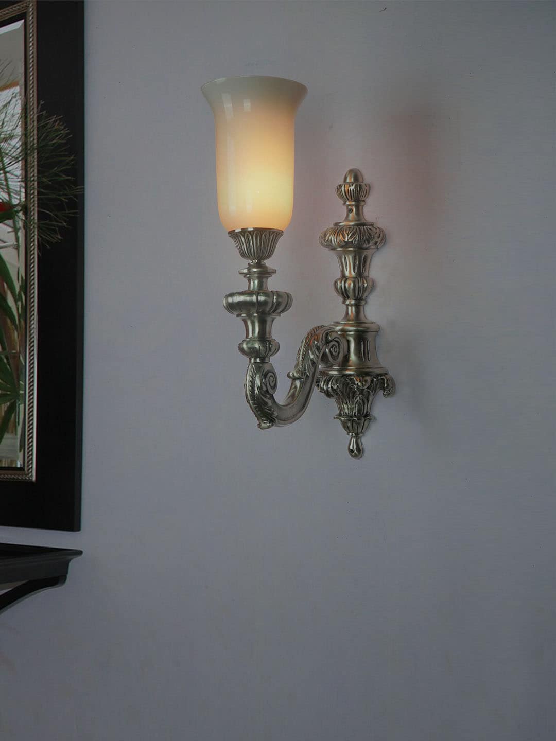 

Fos Lighting Antique Silver-Toned & White Uplight Wall Lamp With Translucent Glass Shade